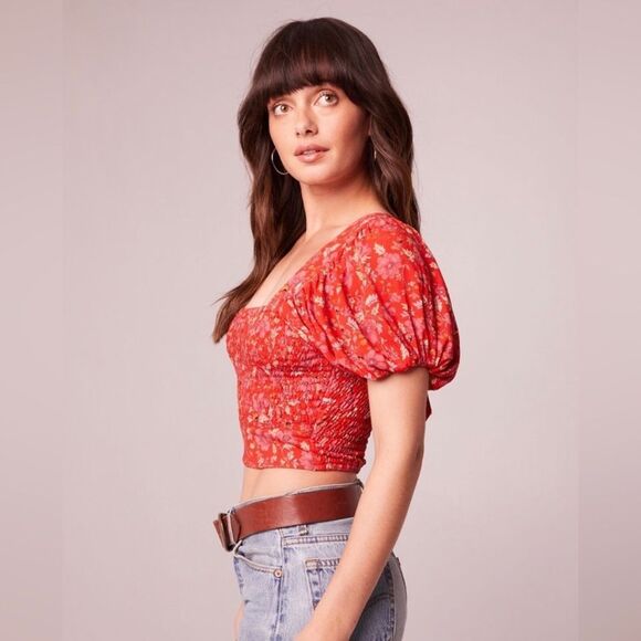 NWT BOG Band of the Free Joelle Crimson Floral Smocked Crop Top Medium - Picture 4 of 13